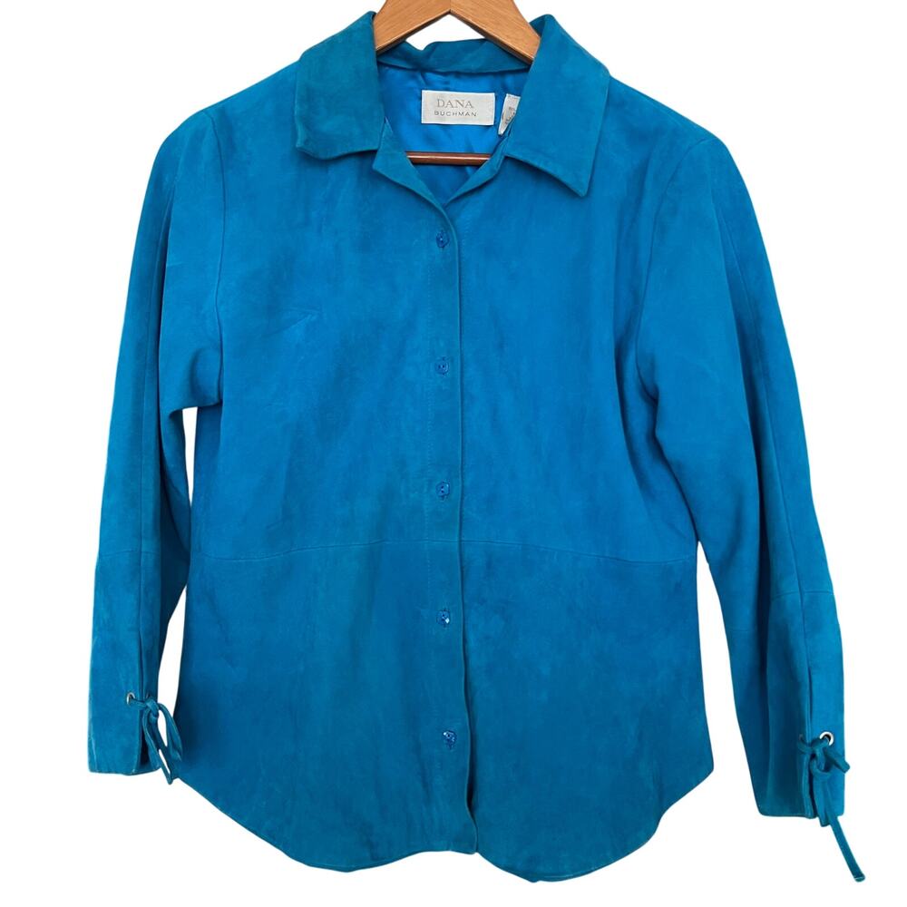 Vintage Dana Buchman Turquoise Suede Button Front Jacket Soft Leather Blazer 8